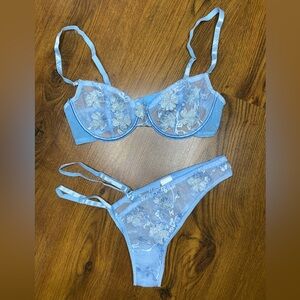 🎀🌷 NWT 🌷🎀 Light Blue Sheer Floral Embroidery 2 Pc Sexy Lingerie Set Bra & Thong